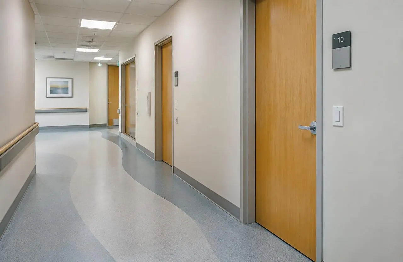 Illustrative clinic corridor with exam room doors, handrail and sheet flooring