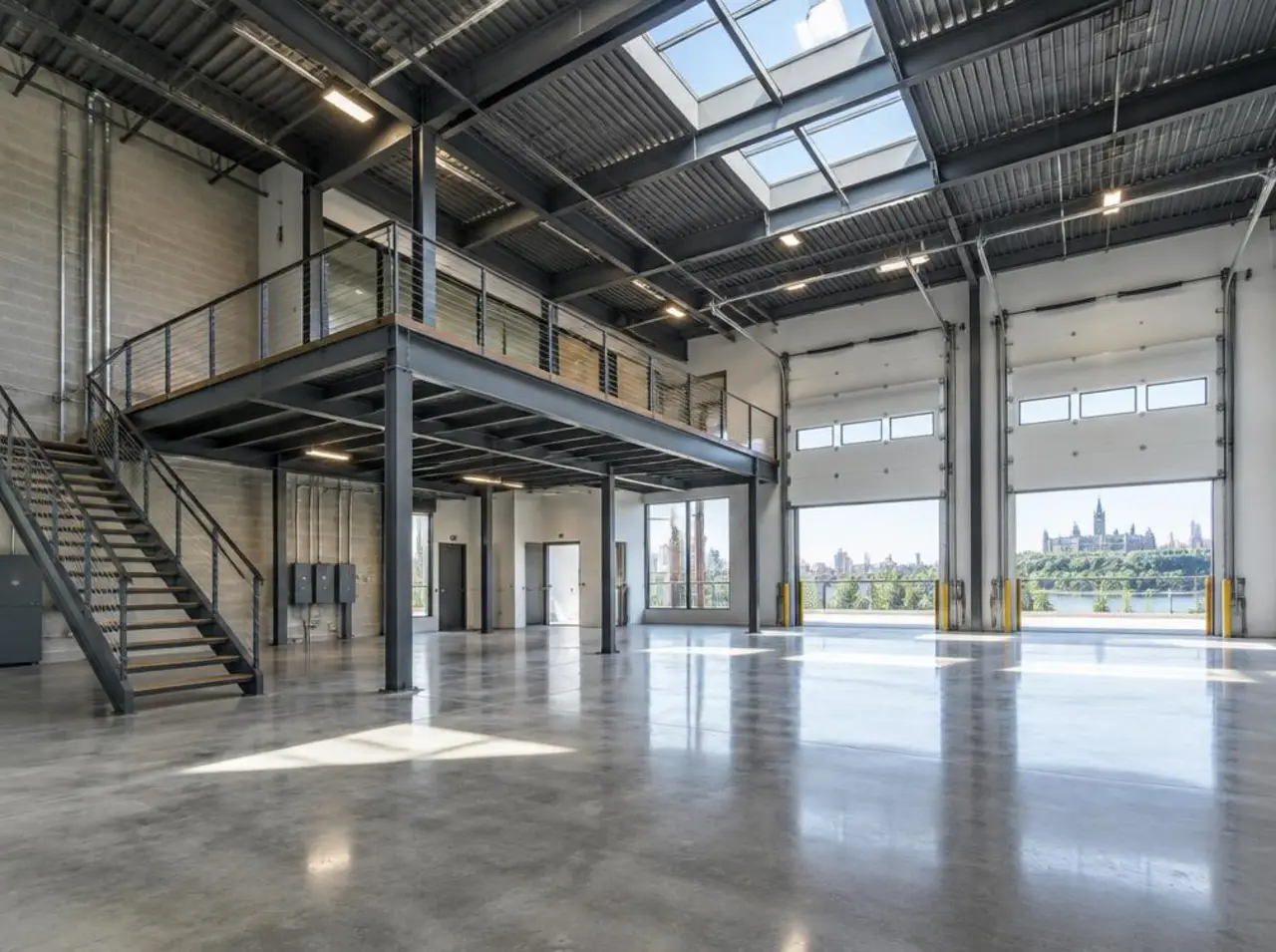 Illustrative industrial interior with high bay structure and open floor