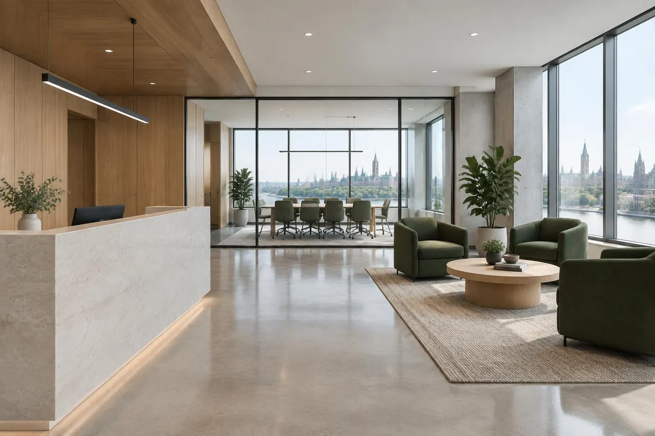 Commercial reception with stone desk and green seating — Ottawa commercial renovation illustration