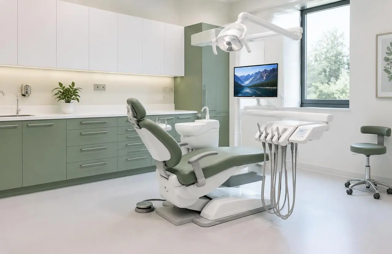Illustrative dental operatory with chair, cabinetry and sink