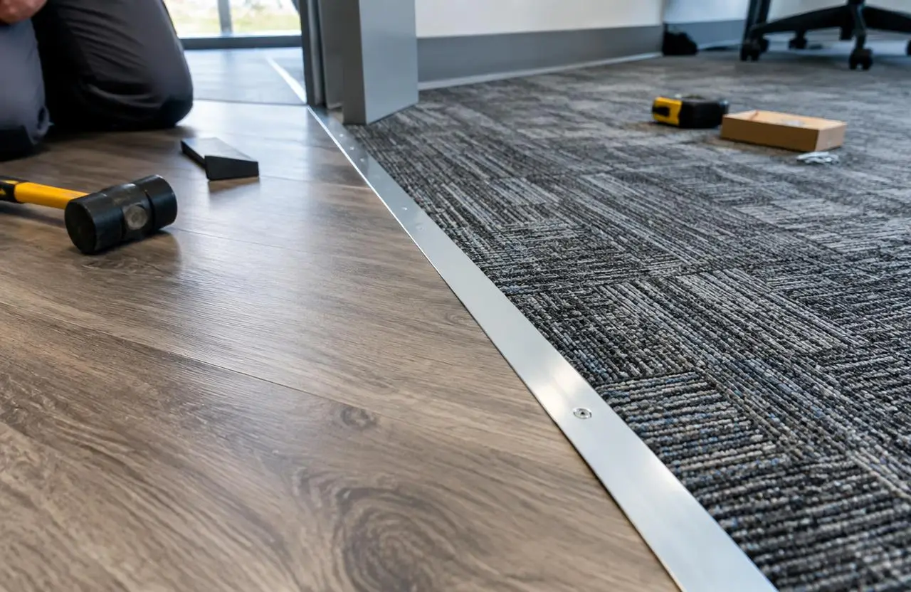 Illustrative flooring detail where vinyl plank meets carpet tile at a metal transition