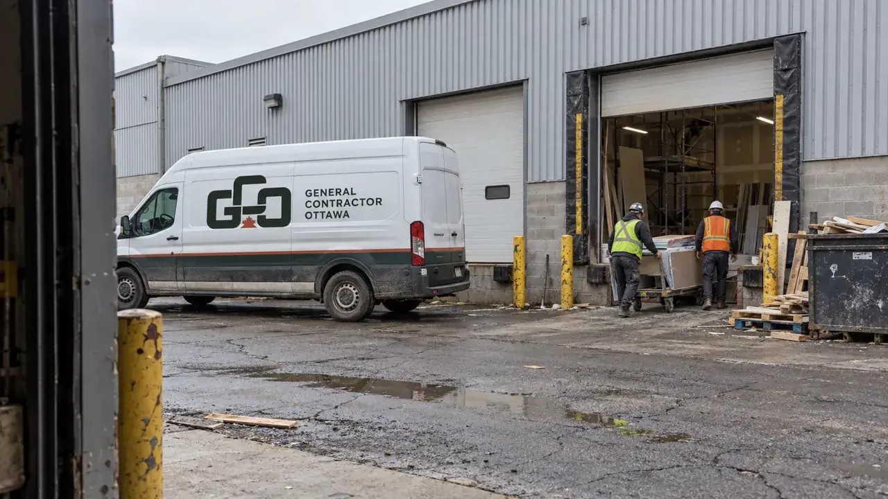 Ottawa contractors from GCO unloading materials at a warehouse fit-up loading bay
