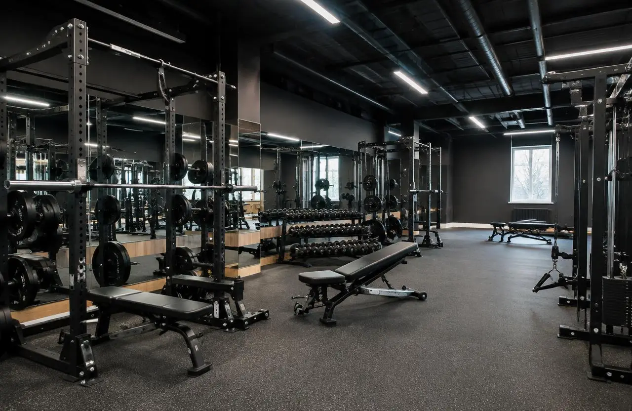 Illustrative gym with rubber flooring, strength equipment and mirrors