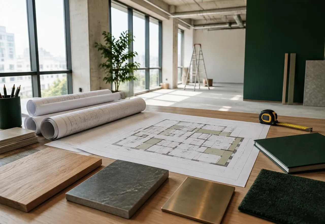 Illustrative planning table with drawings and material samples in a commercial space under renovation