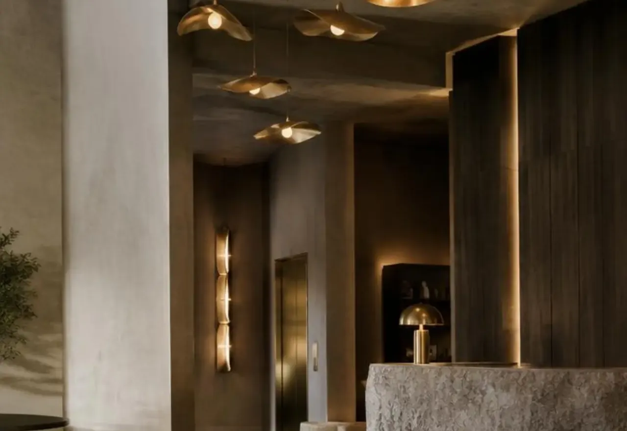 Illustrative hotel interior with seating and warm lighting