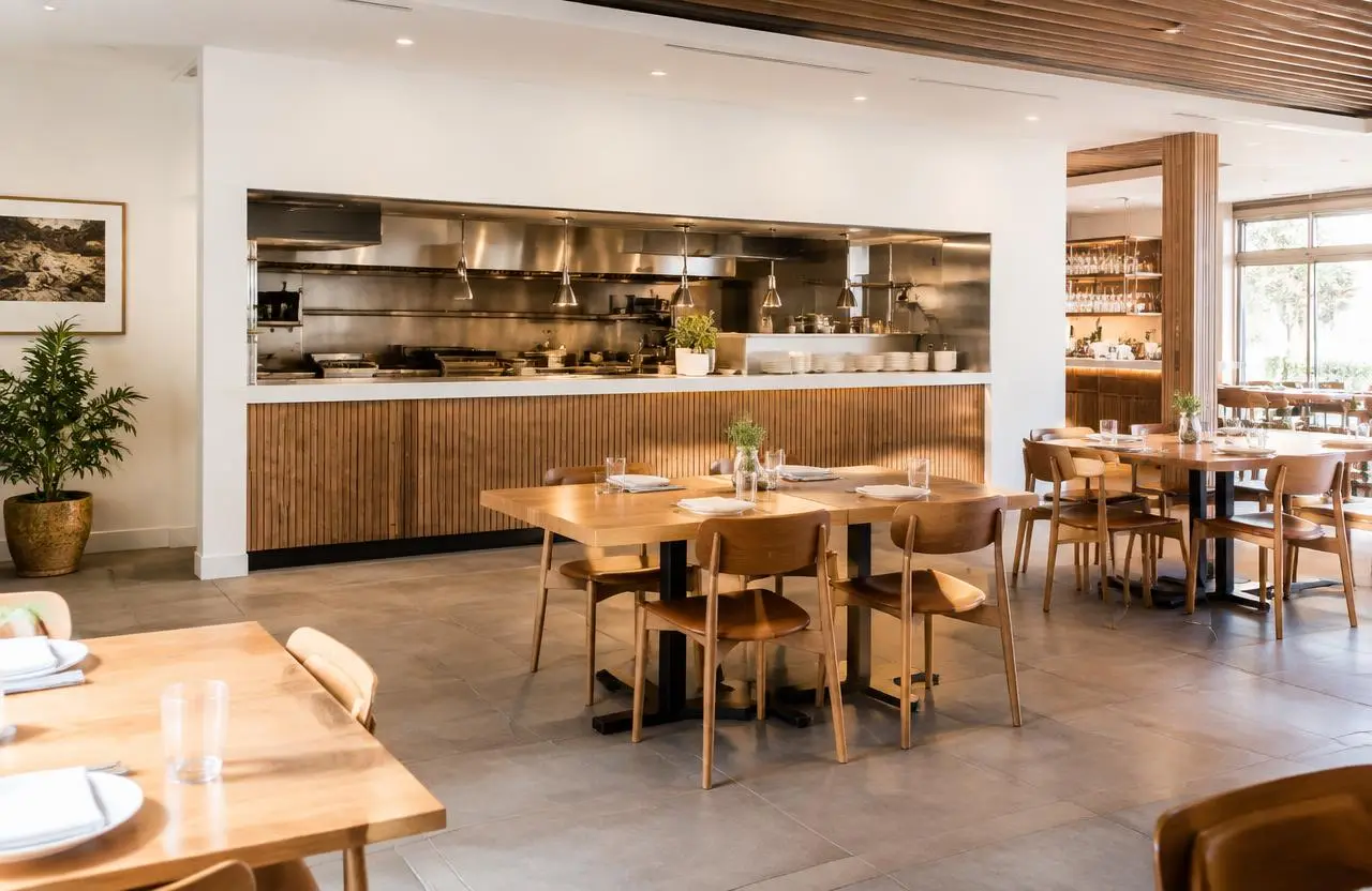 Illustrative restaurant dining room with an open kitchen pass and tiled floor
