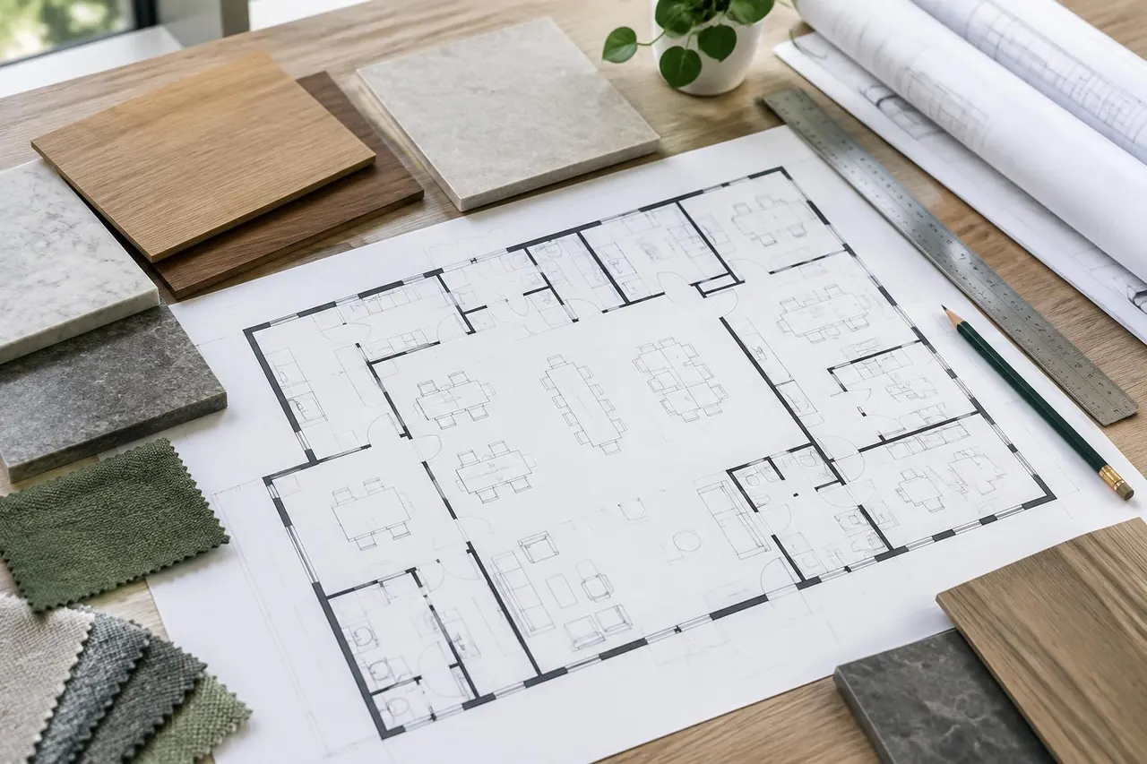 Floor plans and finish samples for commercial renovation scope planning in Ottawa — illustration