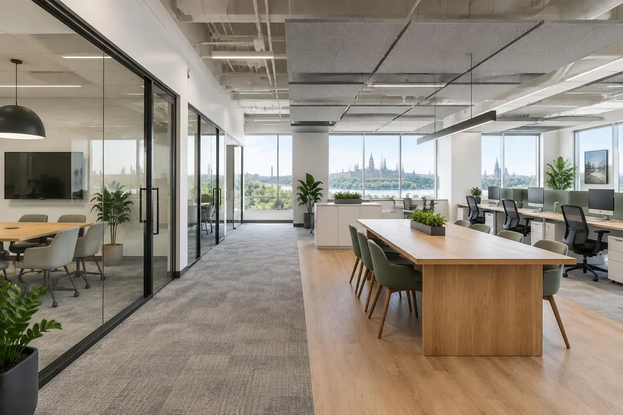 Office with glass meeting rooms and workstations — Ottawa tenant fit-up illustration